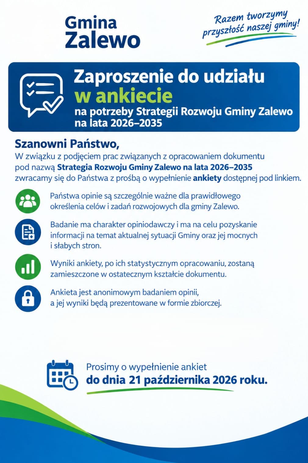 Ilustracja materiału: Ankieta na potrzeby Strategii Rozwoju Gminy Zalewo na lata 2026–2035